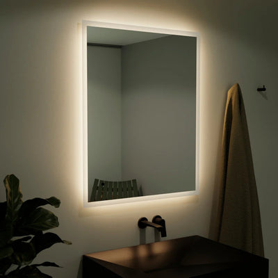 An illuminated square shaped mirror