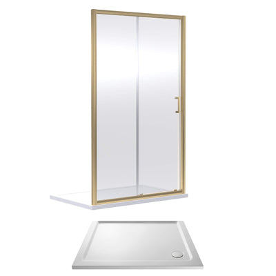 Porto Brushed Brass 6mm Sliding Shower Door With White Stone Resin Tray & Waste - 1000 x 900mm
