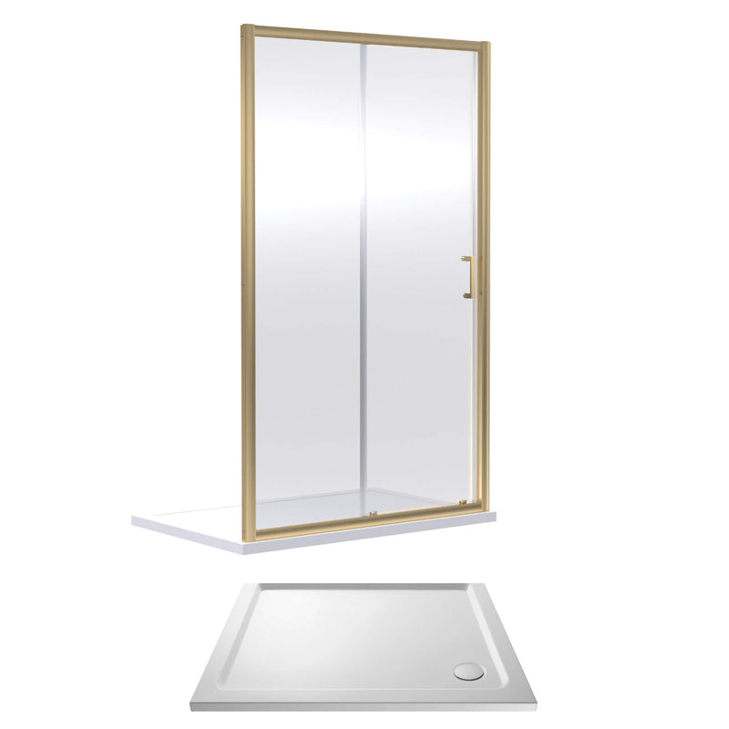 Porto Brushed Brass 6mm Sliding Shower Door With White Stone Resin Tray & Waste - 1000 x 900mm