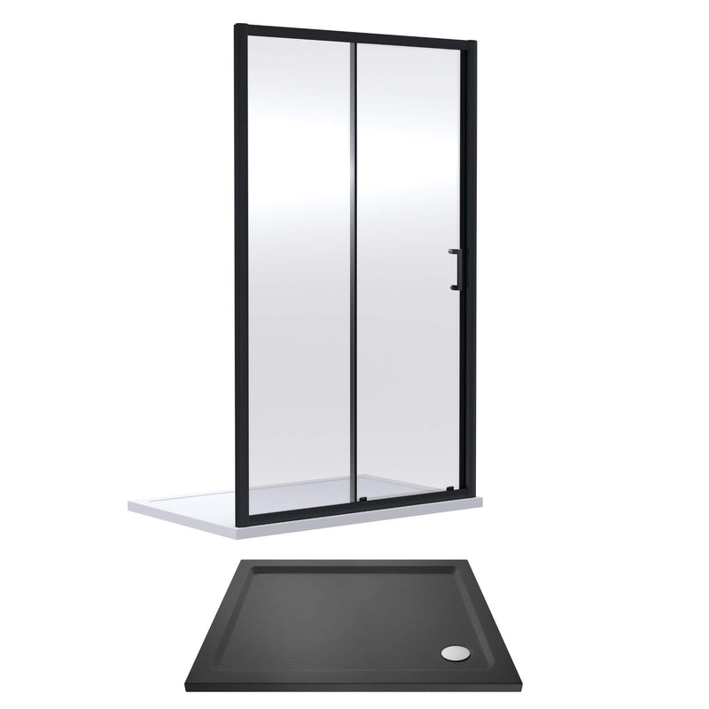 Porto Matt Black 6mm Sliding Shower Door With Slate Effect Stone Resin Tray & Waste - 1000 x 800mm