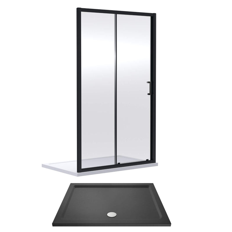 Porto Matt Black 6mm Sliding Shower Door With Slate Effect Stone Resin Tray & Waste - 1400 x 760mm