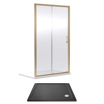 Porto Brushed Brass 6mm Sliding Shower Door With Slate Effect Stone Resin Tray & Waste - 1200 x 760mm