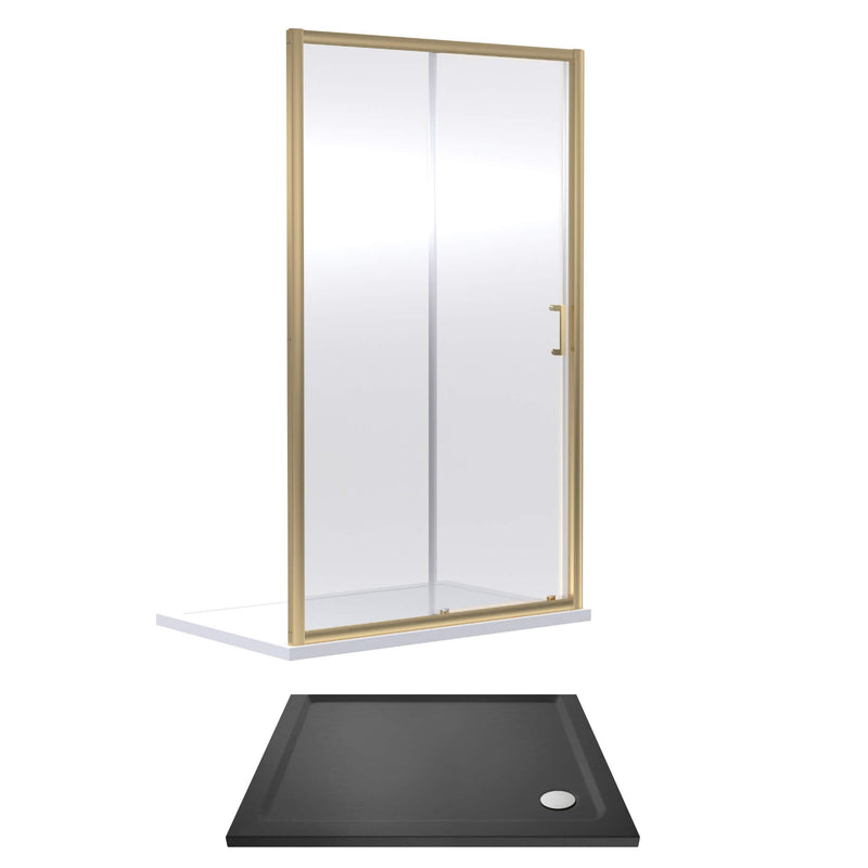 Porto Brushed Brass 6mm Sliding Shower Door With Slate Effect Stone Resin Tray & Waste - 1200 x 760mm