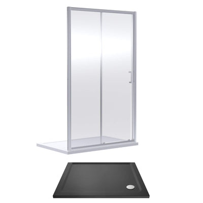 Porto Chrome 6mm Sliding Shower Door With Slate Effect Stone Resin Tray & Waste - 1200 x 760mm