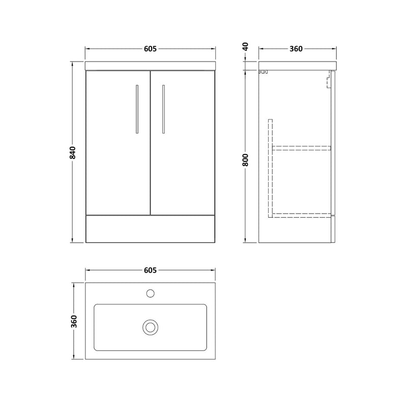 Nuie Arno Compact 600 x 353mm Floor Standing Vanity Unit With 2 Doors & Basin