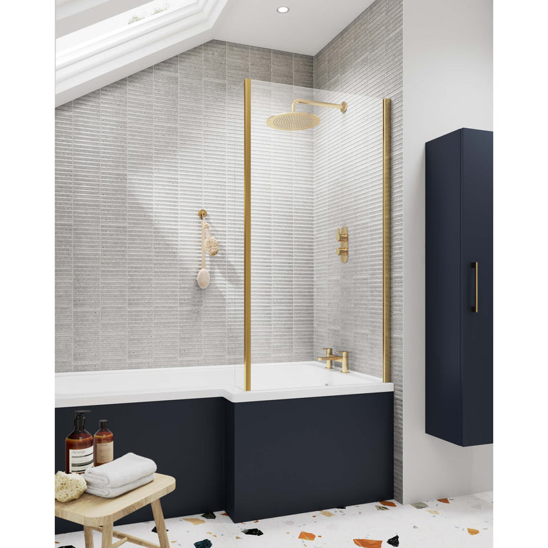 Cape Brushed Brass 6mm L Shape Shower Bath Screen With Fixed Return - 815mm
