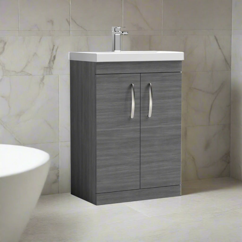 Como 600mm Floor Standing 2 Door Vanity Unit & Thin Edge Basin - Anthracite Woodgrain