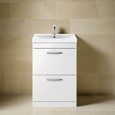 Como 600mm Floor Standing 2 Drawer Vanity Unit & Thin Edge Basin - Gloss White