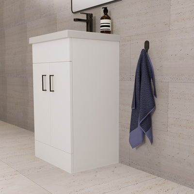 Lomond 500mm Gloss White Floorstanding Vanity Unit With Ceramic Basin - Matt Black Handles & Overflow Cover