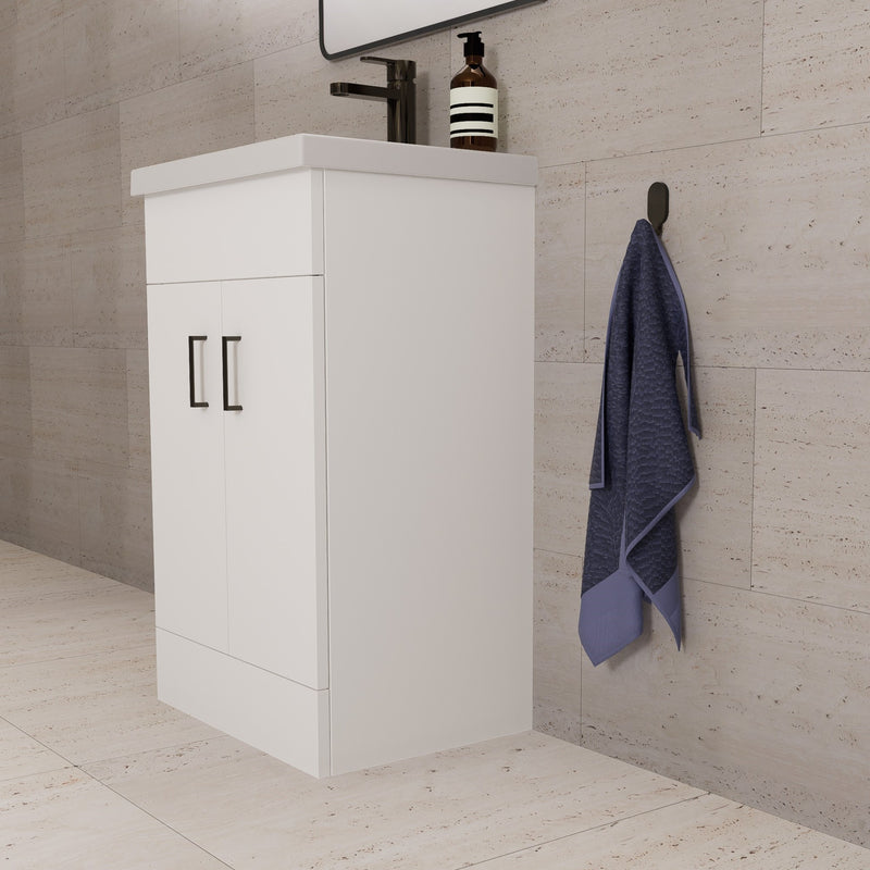 Lomond 500mm Gloss White Floorstanding Vanity Unit With Ceramic Basin - Matt Black Handles & Overflow Cover