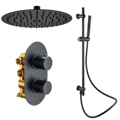 Lux Concealed Shower Set With Slide Rail Handset Kit And Slimline 250mm Overhead Shower - Matt Black
