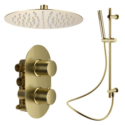 Lux Concealed Shower Set With Slide Rail Handset Kit, Slimline 250mm And Overhead Shower - Brushed Brass
