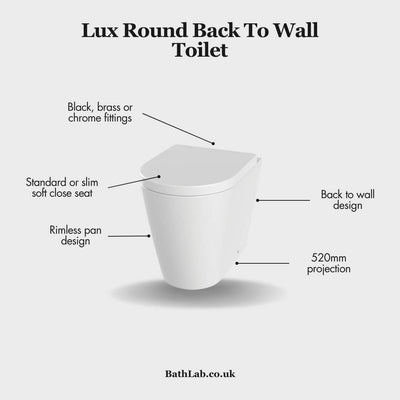Lux Round Rimless Back To Wall Toilet & Soft Close Seat - Chrome Fittings