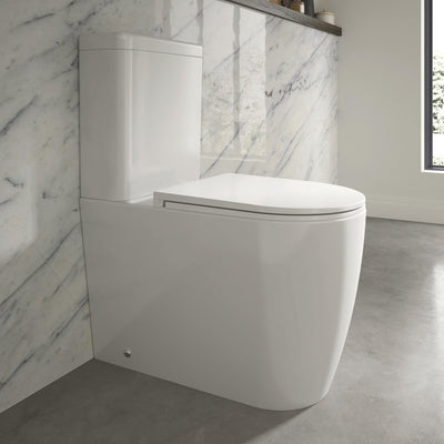 Lux Round Rimless Back To Wall Close Coupled Toilet & Soft Close Seat - Matt Black Fittings
