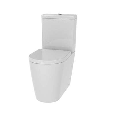 Lux Round Rimless Back To Wall Close Coupled Toilet & Soft Close Seat - Brushed Brass Fittings