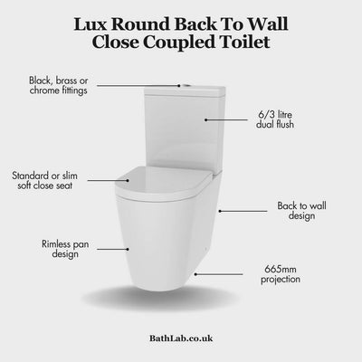Lux Round Rimless Back To Wall Close Coupled Toilet & Soft Close Seat - Chrome Fittings