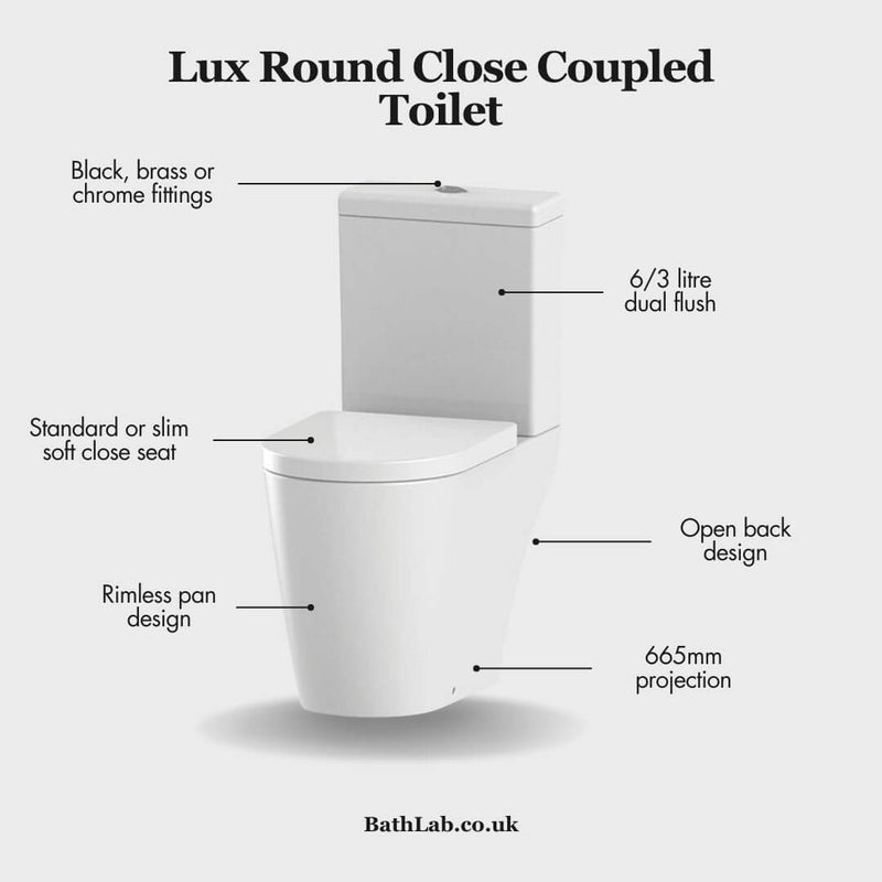 Lux Round Rimless Close Coupled Toilet & Soft Close Seat - Brushed Brass Fittings