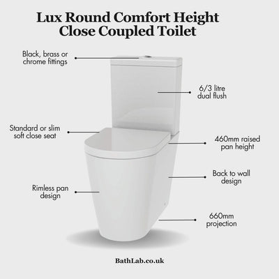 Lux Round Comfort Height Rimless Back To Wall Close Coupled Toilet & Soft Close Seat - Chrome Fittings
