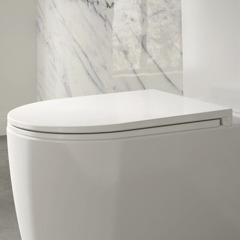 Lux Round Rimless Back To Wall Close Coupled Toilet & Soft Close Seat - Chrome Fittings