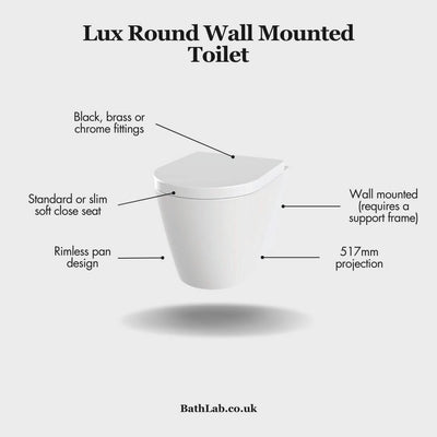 Lux Round Rimless Wall Hung Toilet & Soft Close Seat - Matt Black Fittings