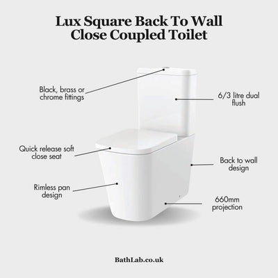 Lux Square Rimless Back To Wall Close Coupled Toilet & Soft Close Seat - Brushed Brass Fittings