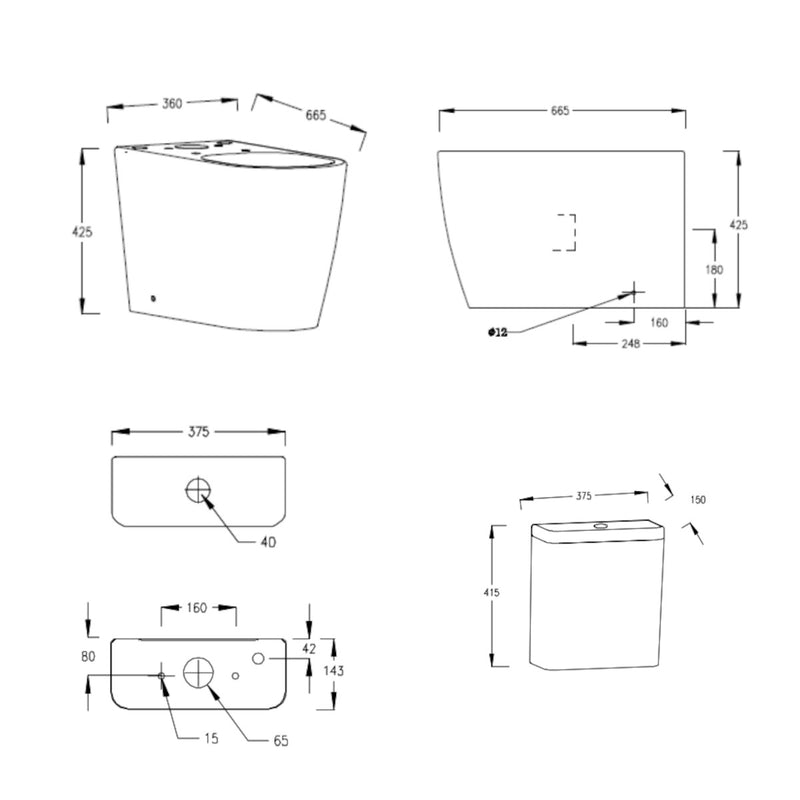 Lux Square Rimless Back To Wall Close Coupled Toilet & Soft Close Seat - Brushed Brass Fittings