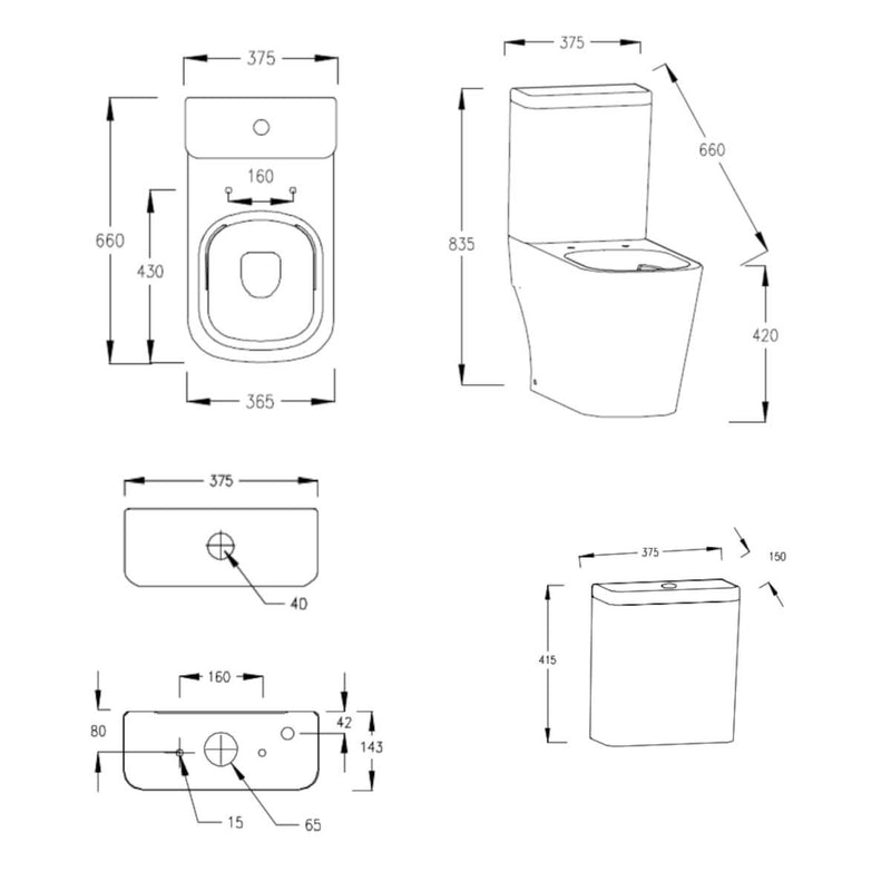 Lux Square Rimless Close Coupled Toilet & Soft Close Seat - Brushed Brass Fittings