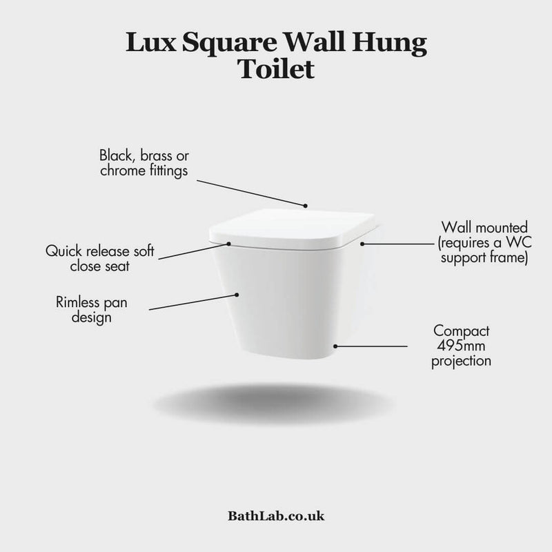 Lux Square Rimless Wall Hung Toilet & Soft Close Seat - Chrome Fittings