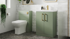 Nuie Arno furniture vanity unit and WC unit in Satin Green with Brushed Brass handles
