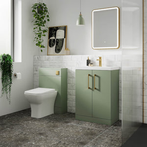 Nuie Arno furniture vanity unit and WC unit in Satin Green with Brushed Brass handles
