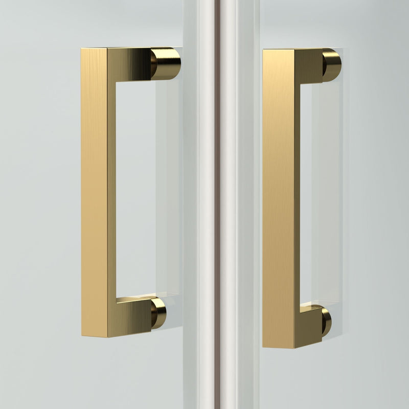 Porto Brushed Brass 6mm Pivot Shower Door With White Stone Resin Tray & Waste - 900 x 760mm