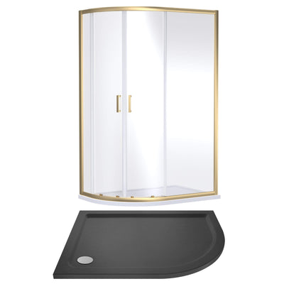 Porto Brushed Brass 6mm Offset Quadrant Shower Enclosure With Slate Effect Stone Resin Tray & Waste