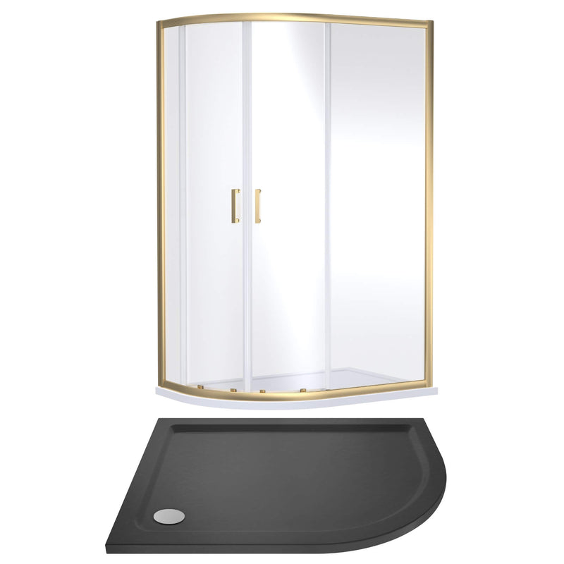 Porto Brushed Brass 6mm Offset Quadrant Shower Enclosure With Slate Effect Stone Resin Tray & Waste