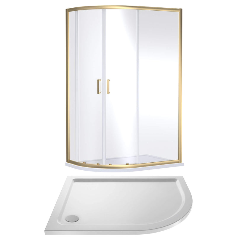 Porto Brushed Brass 6mm Offset Quadrant Shower Enclosure With White Stone Resin Tray & Waste - 1200 x 900mm
