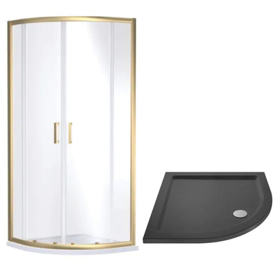 Porto Brushed Brass 6mm Quadrant Shower Enclosure With Slate Effect Stone Resin Tray & Waste