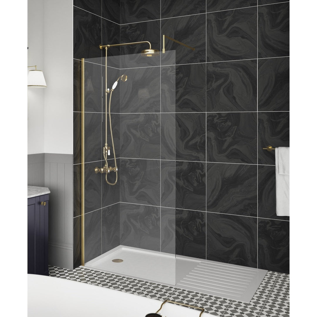 Harbour Contour 8mm Fluted Brushed Brass Glass Screen for Walk In Shower &  Wetrooms