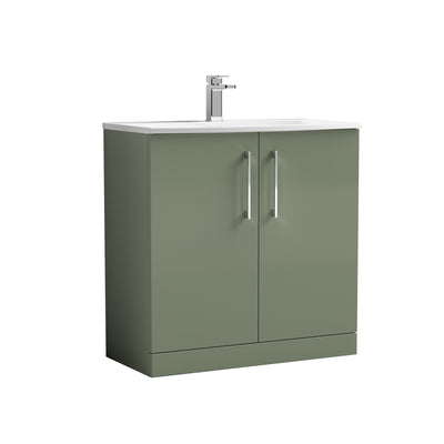 Nuie Arno 800 x 383mm Floor Standing Vanity Unit With 2 Doors & Curved Basin - Green Satin