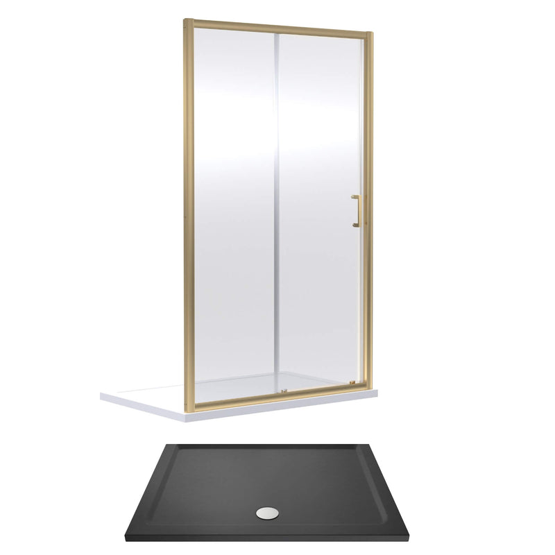 Porto Brushed Brass 6mm Sliding Shower Door With Slate Effect Stone Resin Tray & Waste - 1400 x 800mm