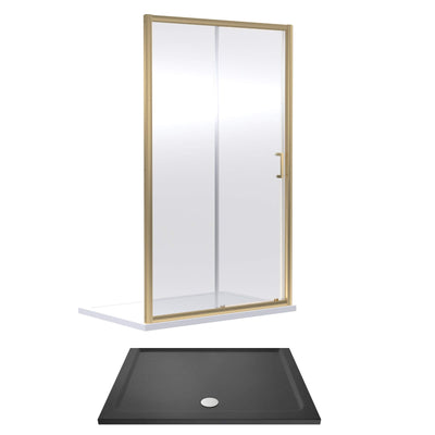 Porto Brushed Brass 6mm Sliding Shower Door With Slate Effect Stone Resin Tray & Waste - 1400 x 700mm