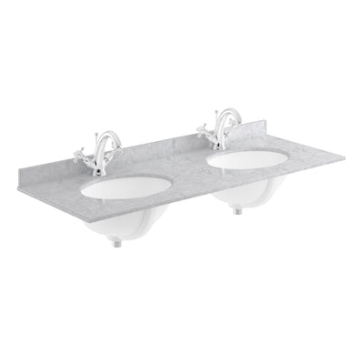 Classique 1200mm Wall Hung Vanity Unit With 2 Drawers With Grey Marble Worktop With 2 Round Basins - Satin White