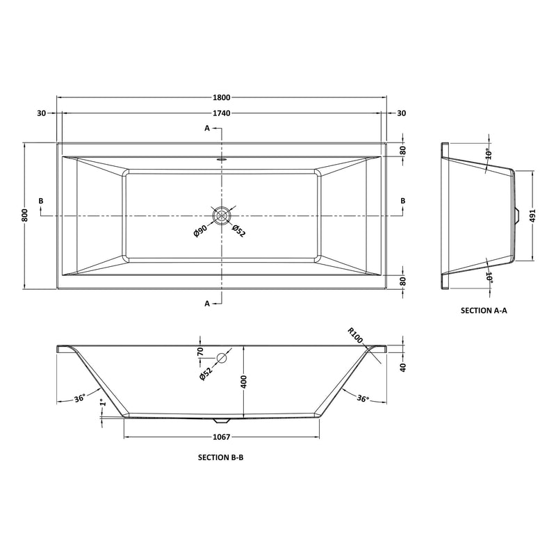 Eternalite Reinforced Square Double Ended Bath - 1800 x 800mm