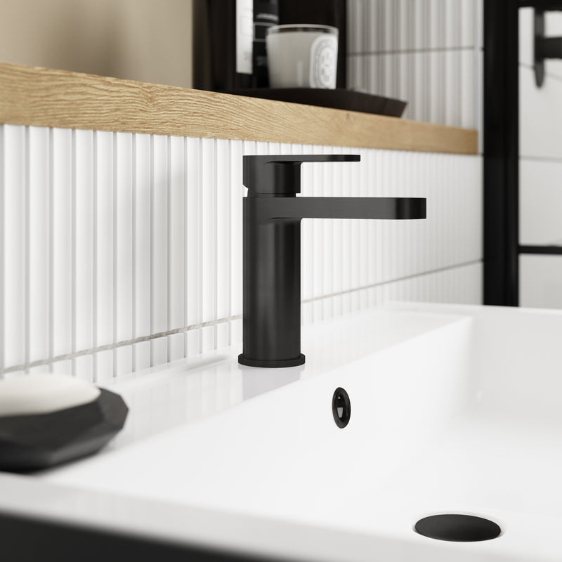Capri Matt Black Basin Mixer Tap With Push Button Waste