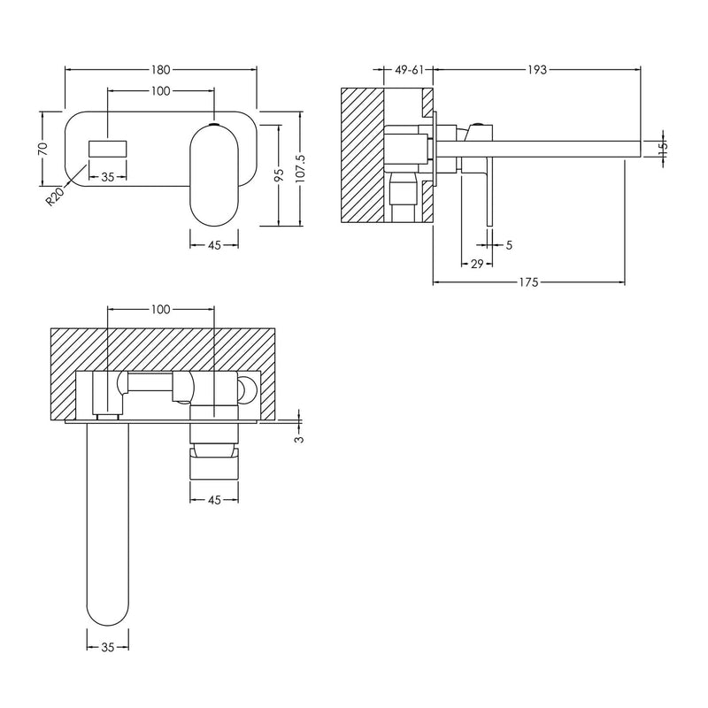 Capri Brushed Brass Wall Mounted 2 Tap Hole Basin Mixer Tap With Plate
