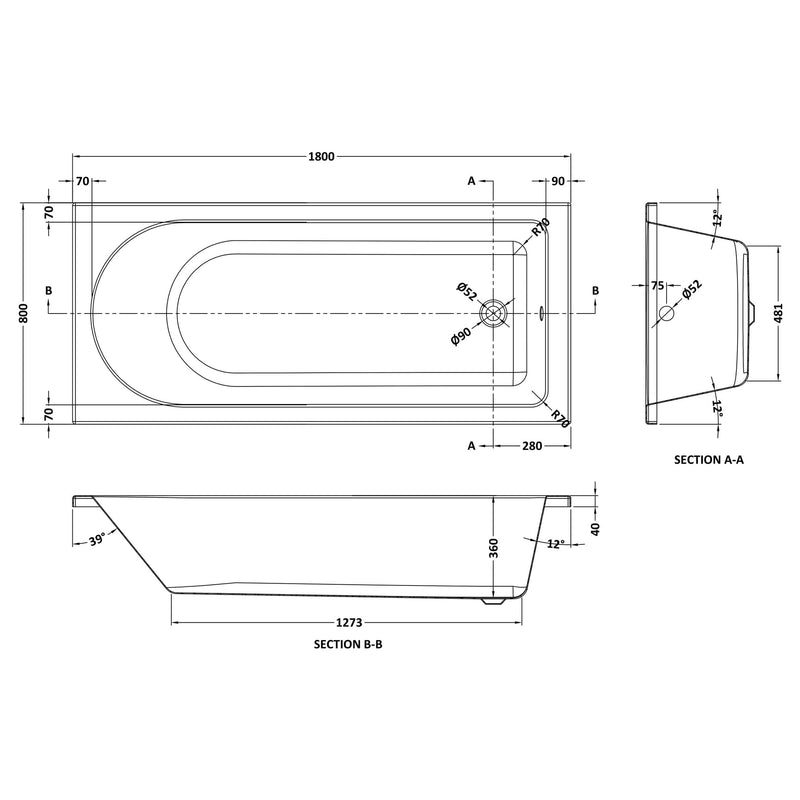 Eternalite Reinforced Round Single Ended Bath - 1800 x 800mm