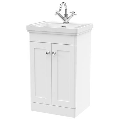 Classique 500mm Floor Standing Vanity Unit With 2 Doors With Fireclay Basin - Satin White