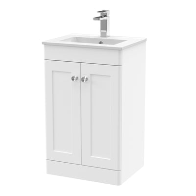 Classique 500mm Floor Standing Vanity Unit With 2 Doors With Minimalist Ceramic Basin - Satin White