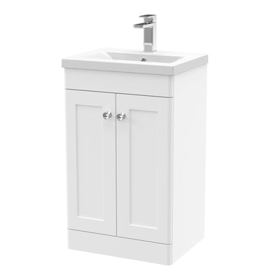 Classique 500mm Floor Standing Vanity Unit With 2 Doors With Mid Edge Ceramic Basin - Satin White