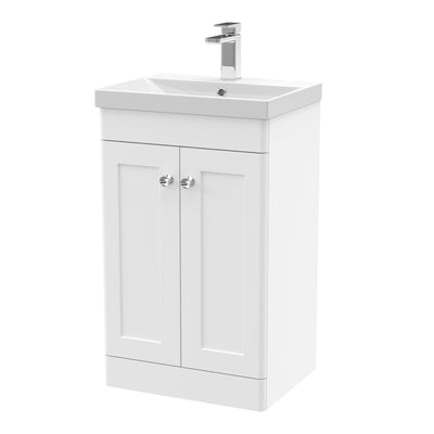 Classique 500mm Floor Standing Vanity Unit With 2 Doors With Thin Edge Ceramic Basin - Satin White