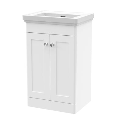 Classique 500mm Floor Standing Vanity Unit With 2 Doors With Fireclay Basin - Satin White