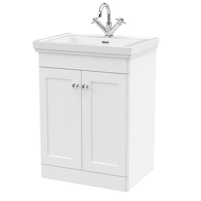 Classique 600mm Floor Standing Vanity Unit With 2 Doors With Fireclay Basin - Satin White